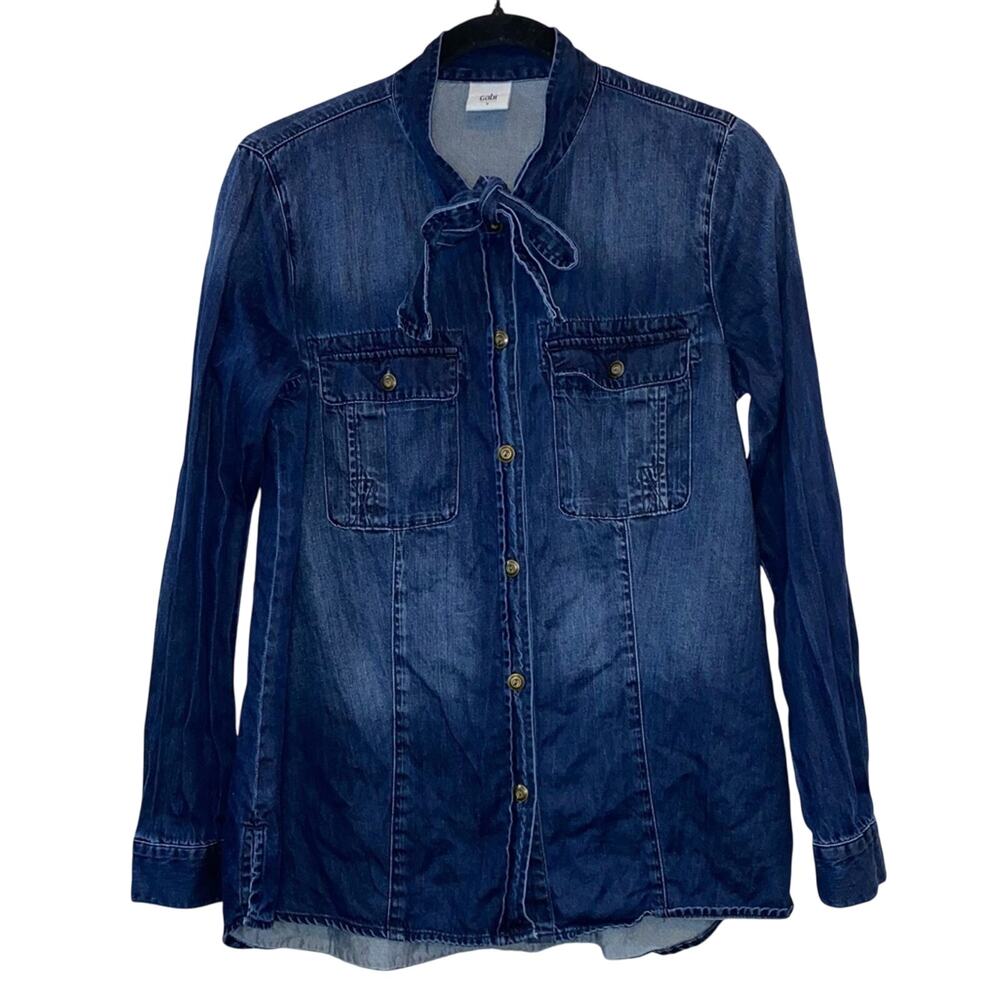 Cabi Waterfront Chambray Denim Tie‎ Neck Shirt Small Style 3290 Button Front